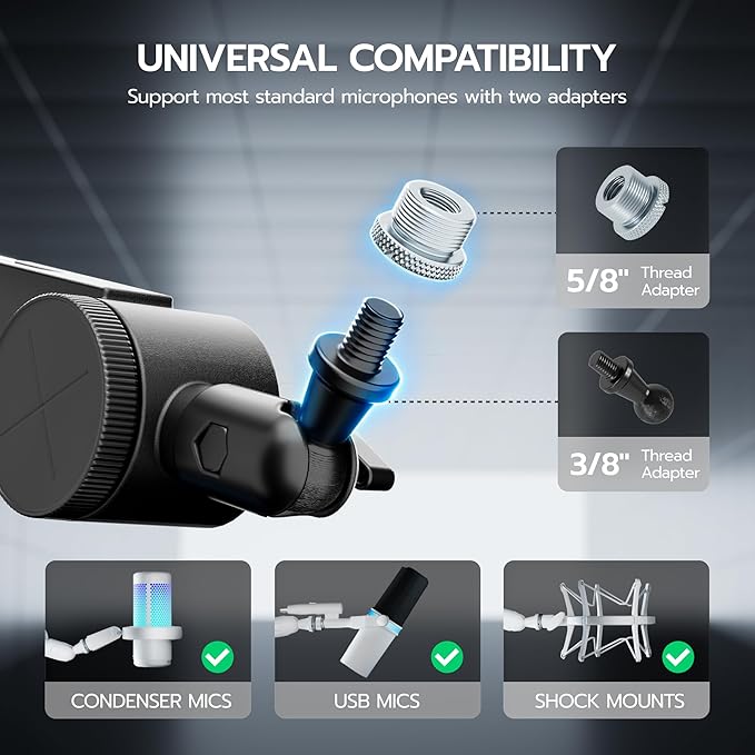 ARES WING Aluminum Microphone Boom Arm with RGB Light and Volume Control, Adjustable Mic Arm Desk Mount with 3/8” to 5/8” Screw Adapter, Suspension Scissor Mic Stand for Gaming Streaming Podcasting