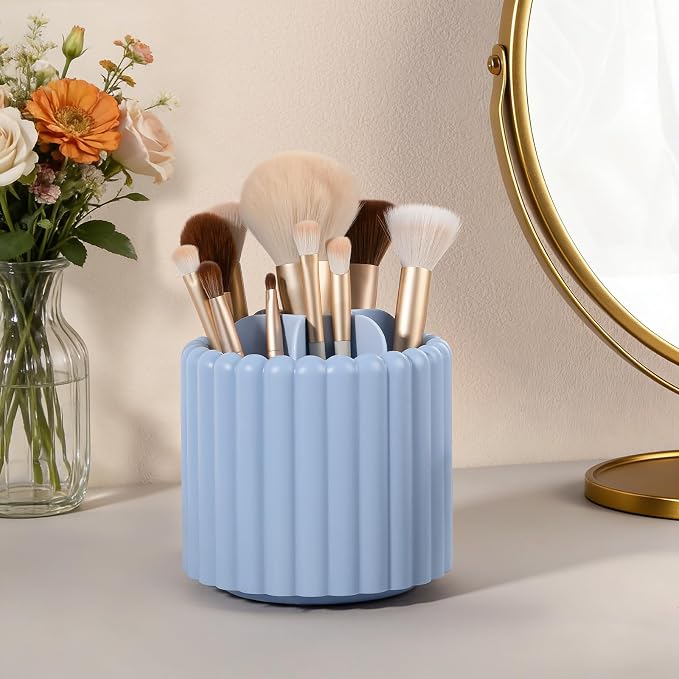 Anyoifax 360° Rotating Pen Holder for Desk Removable Pencil Organizer, Blue | 7 Slots Pen Cup Cute Office Supplies and Accessories Plastic Desktop Storage Box Art Caddy for School, Work, Home