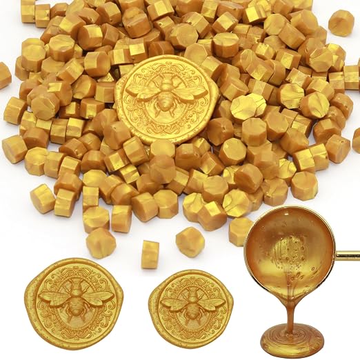 250pcs Wax Seal Beads Royal Gold, Andotopee Premium Sealing Wax Beads for Stamp Seals, Octagon Metallic Seal Stamp Pellets Refill Pack for Wedding Invitation, Letter Envelope, Scrapbook DIY Crafts