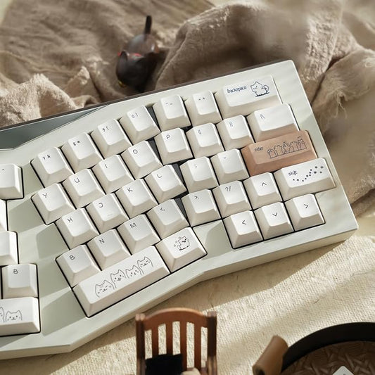 PBT Cute Cat Keycaps, Milk White Dye-Sublimation Keycap, 151 Keys Cherry Profile Keyboard Keycaps Set, Sand Dune Cat Custom Key Caps for Cherry MX Switches Mechanical Gaming Keyboard