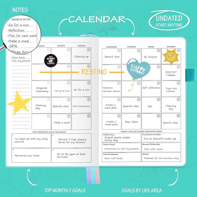 Undated Luxurious Weekly & Monthly Planner to Increase Productivity Hit Your Goals, Organizer Notebook Gratitude Journal Time Management Start Anytime, A5, Lasts 1 Year