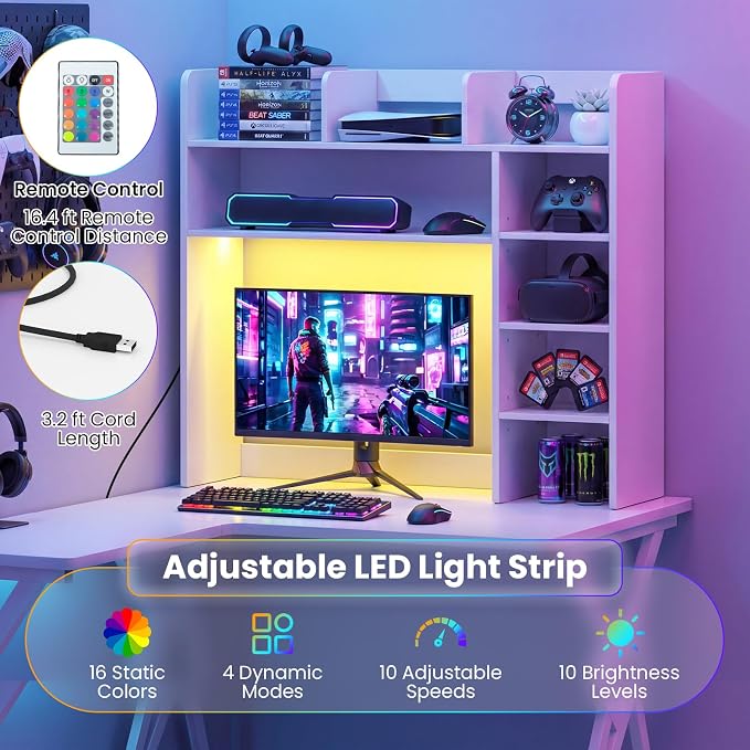 Tangkula Desktop Bookshelf with LED Lights, Desk Hutch with 8 Shelves for Max 25" Monitor, Desktop 5-Tier Display Rack, Multipurpose Wood Desktop Storage Hutch Organizer for Dorm Office Home (White)