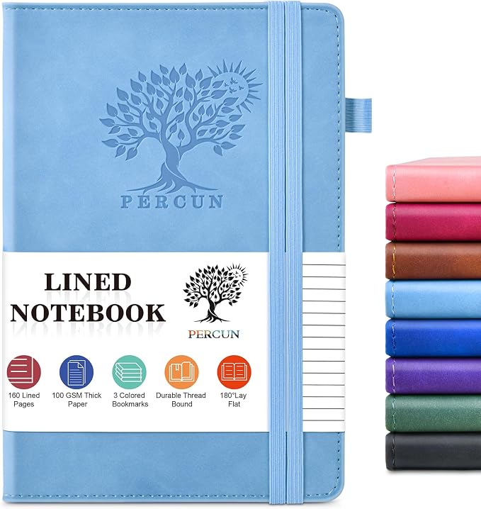 PERCUN Lined Journal Notebook for Men & Women, 160 Pages Leather Journals for Writing, A5 Hardcover Notebooks for Note Taking, Work, School, Business, Travel,Daily Diary 5.9" x 8.5" (Blue)