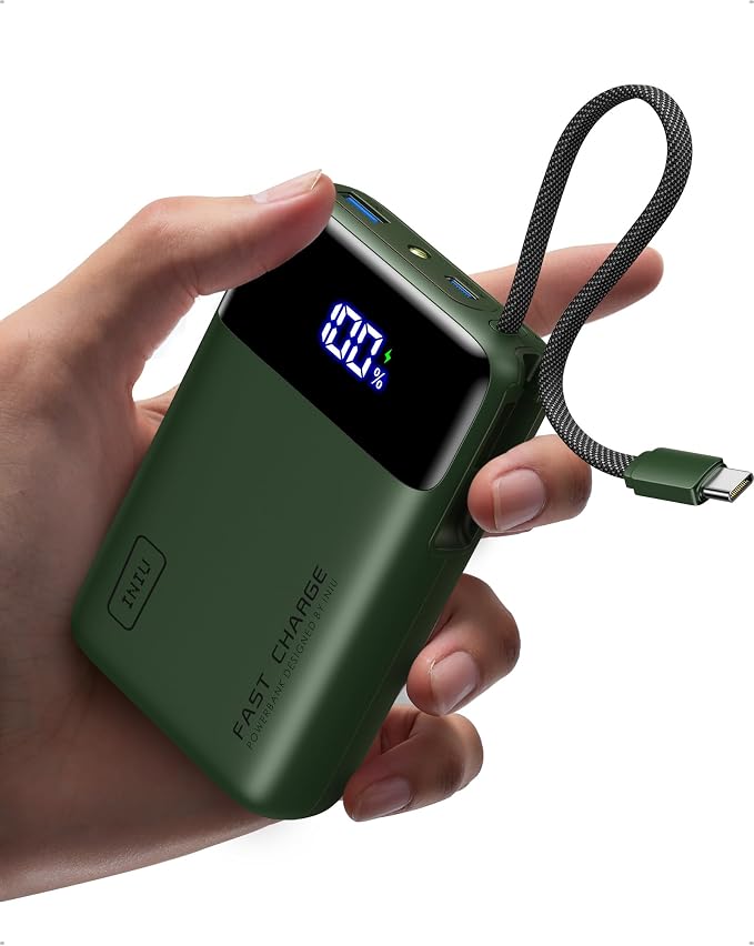 INIU 20000mAh Power Bank, Small 45W PD Fast Charging Portable Charger with Built-in USB C Cable, Flight-Safe Travel External Phone Battery Pack for Camping, ShortTrip, Travelers, Hikers, Green