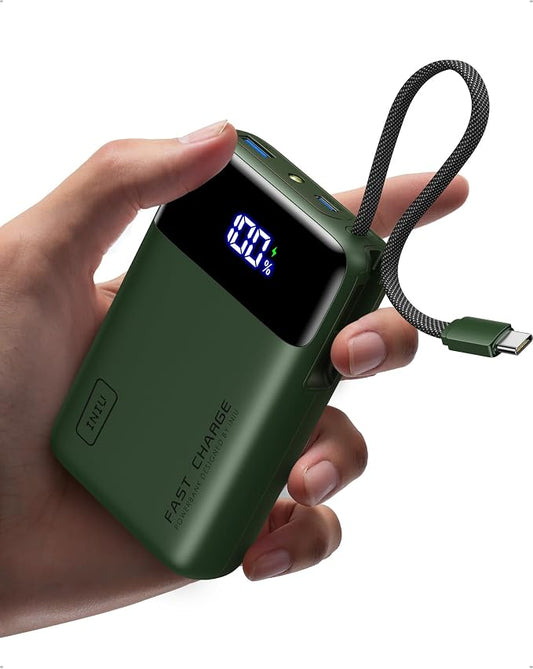 INIU 20000mAh Power Bank, Small 45W PD Fast Charging Portable Charger with Built-in USB C Cable, Flight-Safe Travel External Phone Battery Pack for Camping, ShortTrip, Travelers, Hikers, Green