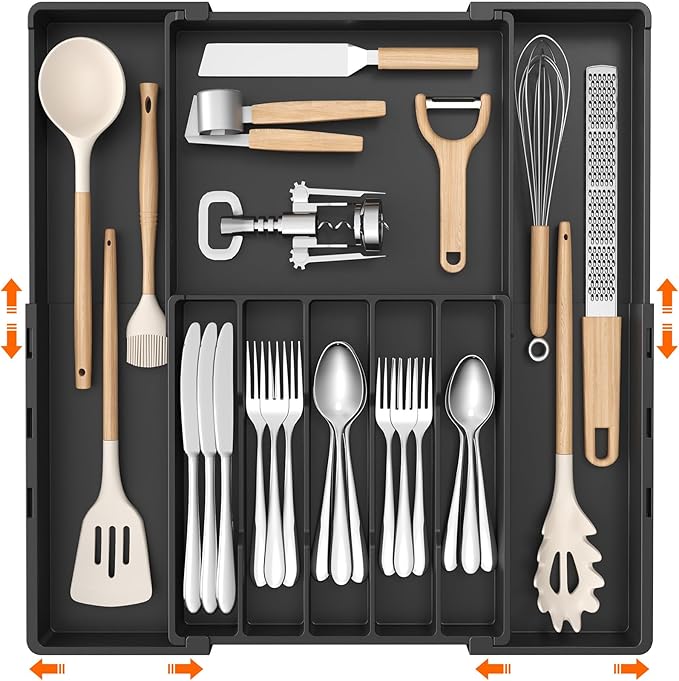 Lifewit Silverware Drawer Organizer, Expandable Utensil Tray for Kitchen, BPA Free Flatware and Cutlery Holder, Adjustable Plastic Storage for Spoons Forks Knives, 5-8 Slots, Black