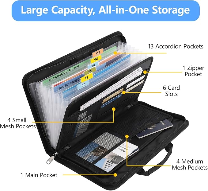 Fireproof Accordion File Organizer Bag A4 13 Pockets Expandable Document Folder with Handle Portable Important Document Storage Case Fire Resistant File Organizer for Home Office Travel Black