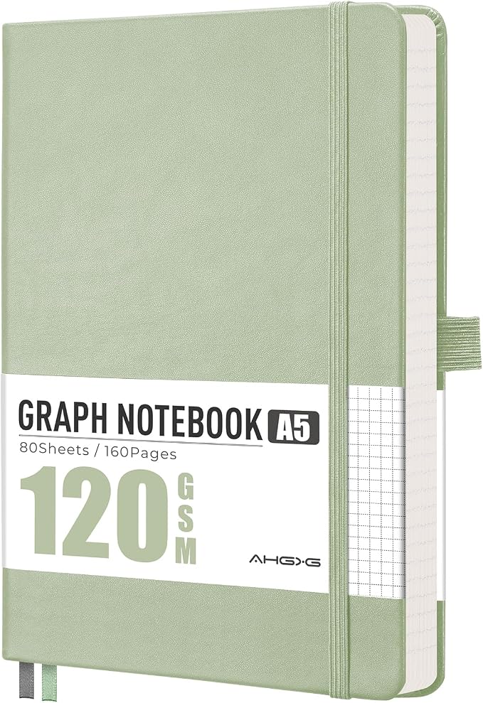 AHGXG Graph Grid Paper Notebook, 160 Pages, A5 Medium Size (5.7'' x 8.3''), 120 GSM Thick Paper, Leather Hardcover, for School, Students, Math, Engineering (Light Green)
