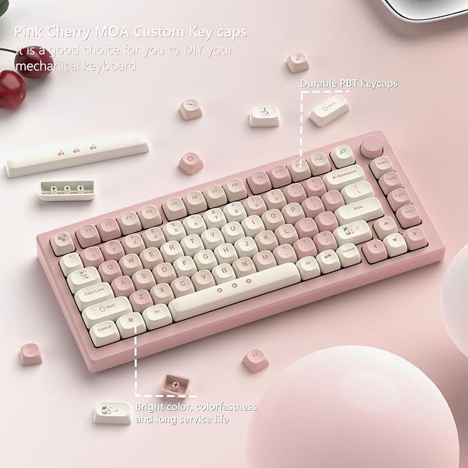 Womier Keycaps - Pink Cute PBT Keycaps MOA Dye-Sublimation 60 65 75 100 Percent, Custom Key caps Set for 61/64/68/84/87/100/104/108 Cherry MX Mechanical Keyboard (Pink)