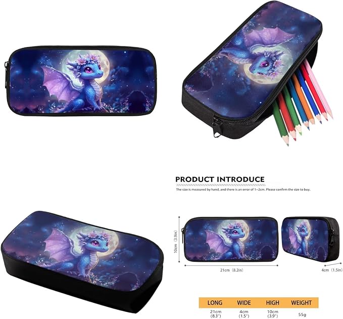 WELLFLYHOM Cute Dragon Customized Backpack for School Girls 6-8 Personalized 4 in 1 Book Bag with Lunch Box Pencil Case Water Bottle Sleeve Moon Elementary School Bag Set