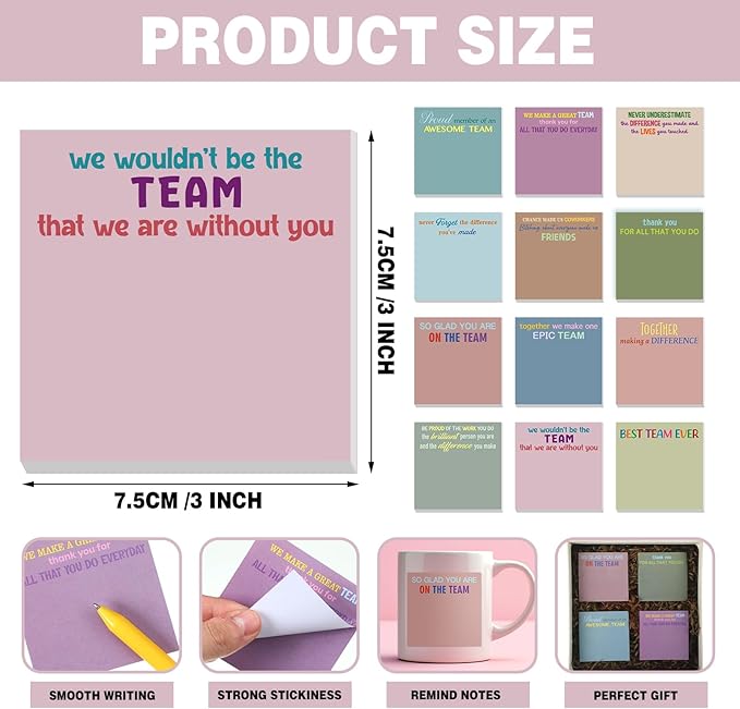 Yinder 24 Pcs Inspirational Sticky Notes Thank You Gift Motivational Sticky Note Pad Employee Appreciation Gift Bulk for Staff Coworker Teacher Nurse Office Groups 3 x 3'' (Team,Morandi)
