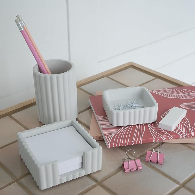Aesthetic Desk Organizer Set of 3 For Your Office - Sturdy Concrete Desktop Accessories For Women Enhance Any Office Decor - Set incl. Pen Holder, Paperclip Storage & Sticky Note Holder for Teacher