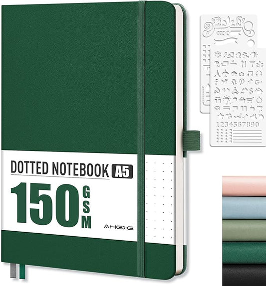 AHGXG Dotted Journal - 150 GSM Dot Grid Notebook Journal, Thick Acid-Free Paper, A5 Dotted Notebook 128 Pages, Leather Hardcover, Inner Pocket, Journal Stencil, 5.7'' × 8.3'', Dark Green