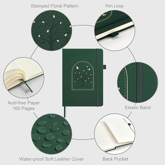 &And Per Se Dotted Journal Notebook, A5 Hardcover Aesthetic Dotted Notebook – 160 Pages 100gsm Thick Dot Grid Paper, 3 Sticker Sheets – Gift-Ready Journaling Kit for Women (Dark Green)