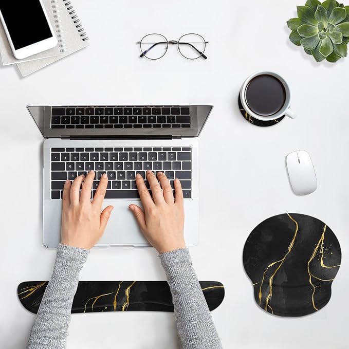 Britimes Black Gold Marble Ergonomic Mouse Pad Set with Wrist Rest Non-Slip Rubber Base Abstract Modern Wrist Cushion Support and Coasters Mousepad with Wrist Support for Computer Keyboard and Desk