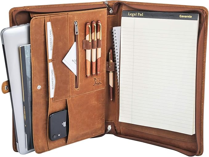 Genuine Leather Business Portfolio Padfolio Folder with Zipper for Men, Men's Leather Padfolio Folder for 13" Laptop, Business Portfolio for Letter Size Notepad, Graduation Gift，Brown