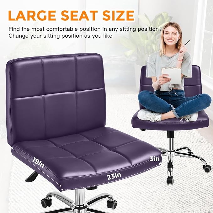 360° Office Desk Chair,PU Adjustable Rolling Task Chair with Backrest for Barber,Office,Home, Computer,360° Swivel,Armless (Widened Purple)