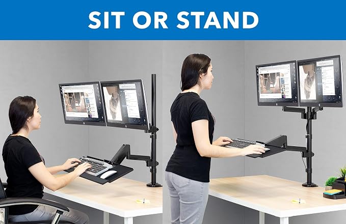 Mount-It! Dual Monitor Arm Desk Mount Sit-Stand Workstation with Keyboard Tray, Height Adjustable Gas Spring, Fits Two 17–32” Screens, 17.6 lbs Each, VESA 75x75 100x100, Clamp or Grommet (Black)