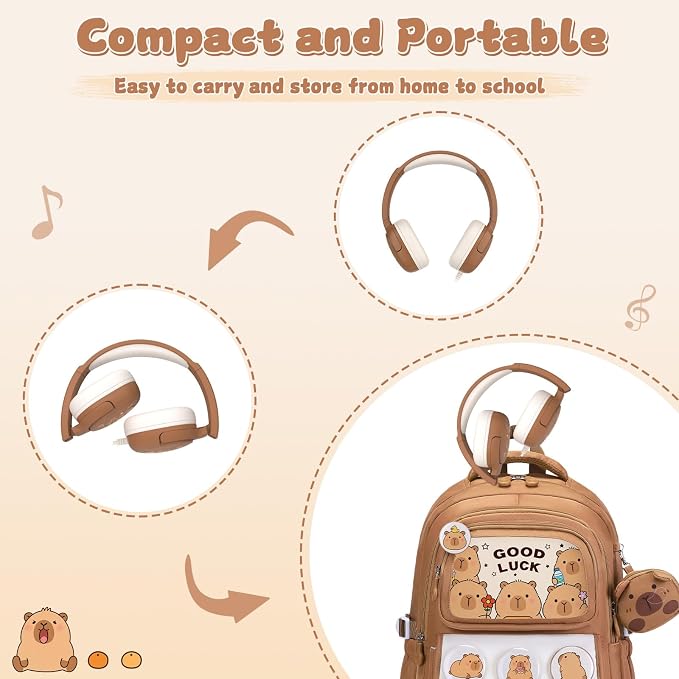 Capybara Backpack for Girls with Headphones - 4PCS Girls Backpack for Kindergarten Elementary Middle High School Travel - 3.5mm Wired Headphones Backpacks Back to School Gift(Brown)