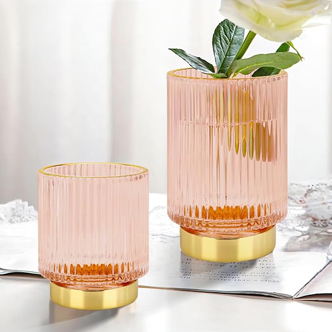 DASITON Makeup Brush holder Organizer,Crystal Cosmetic Makeup Brush Glass Brushes Storage Holder, Vintage Make Up Brush Cup Pen Pencil Holder striped vase(Pink S)