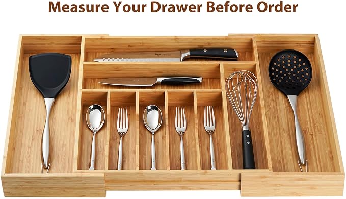 Extra Large Expandable Kitchen Siverware Utensils Drawer Organizer, 19" Deep for Big Drawer, Adjustable Bamboo Wood Drawer Divider with Curved Grooves, Cutlery Tray Flatware Holder