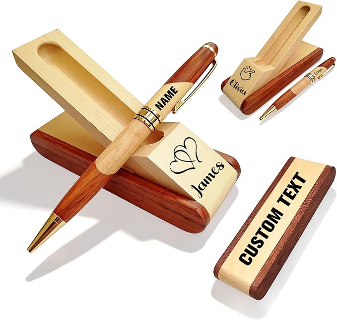 Custom Wooden Ballpoint Pen Set Customized with Name Text Logo Personalized Wood Pens Set with Engravable Wood Gift Box for Men Women Boss Colleague Friend (engraved pens personalized)
