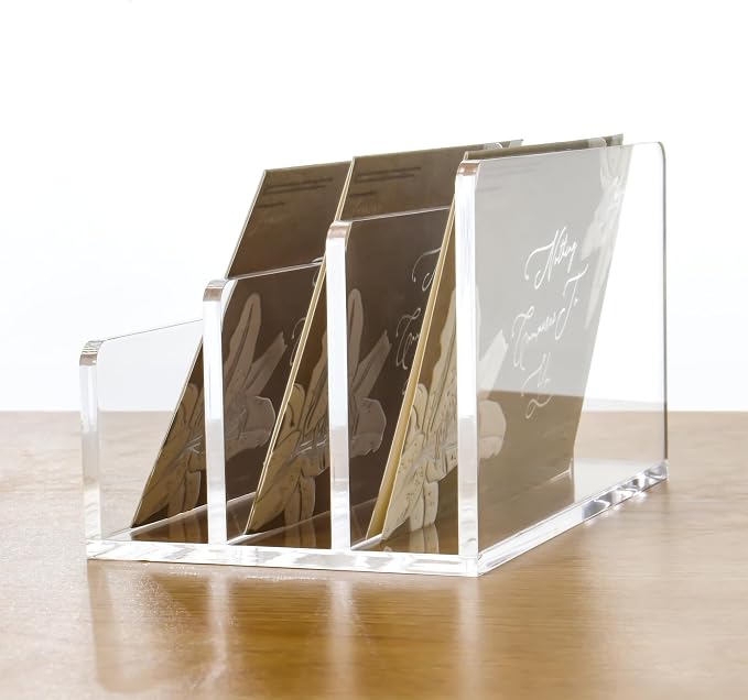 Clear Acrylic 3 Compartment Mail & Letter Organizer for Desk | 5mm thick, 3 compartments organize mail, bills, letters & files. Crystal clear acrylic, non-slip pads. No assembly.