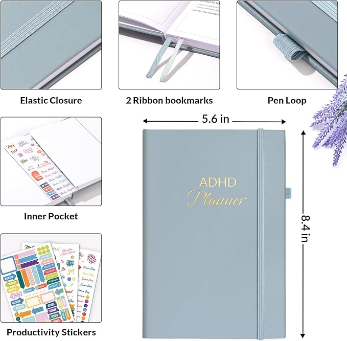 SUNEE Adhd Daily Planner for Adults,3-Month Undated Daily Weekly Monthly Planner for Productivity, Goal Setting, Time Management, Work & Life - for Men & Women,Vision Board + Stickers,Gray Blue