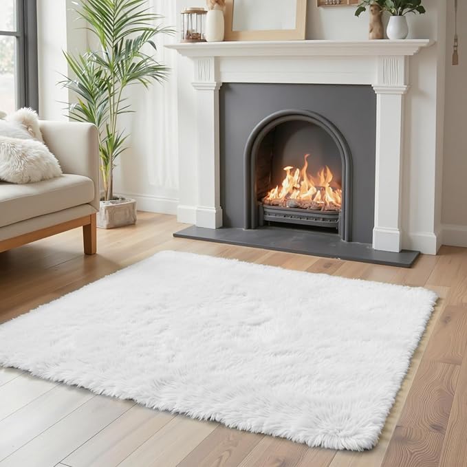 Small Rugs for Bedroom 2x3 Fluffy, Soft Fuzzy Area Rug for Living Room Dorm, Non Slip Shag Rugs for Girls Boys Bedroom, Soft Carpet, Modern Home Decor Aesthetic(2 x 3, White)
