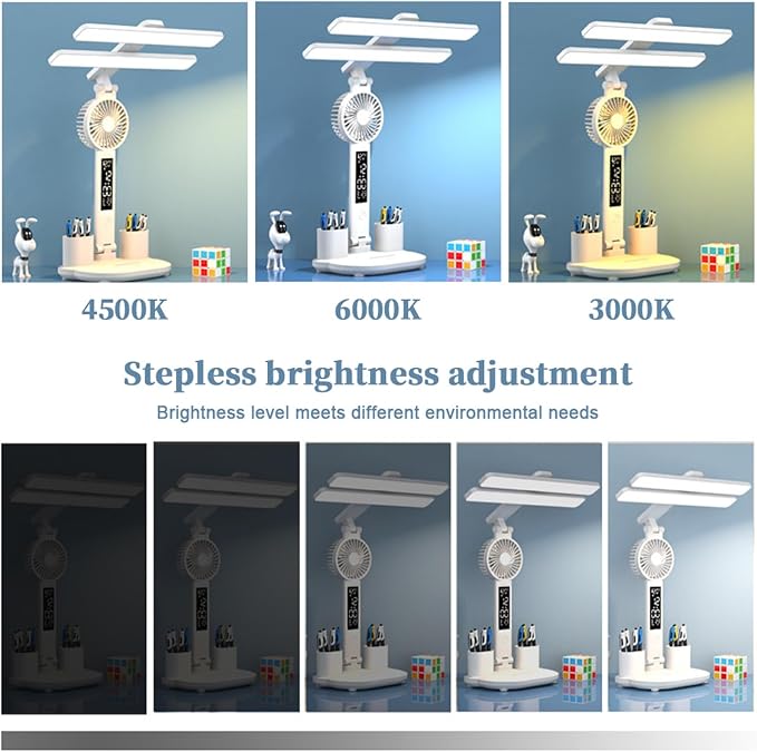 Multifunctional LED Desk Lamp with Cooling Fan Digital Time Temp Display 3 Color Mode Stepless Dimmable Eye-Caring Table Light Foldable Pen Holders USB Type-C (Double horizontal strip light, Touch)
