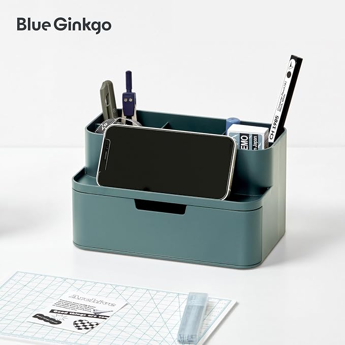 BLUE GINKGO Compact Desk Organizer, Green, Made in Korea | 5 Compartments. Half Drawer. Space-Saving.