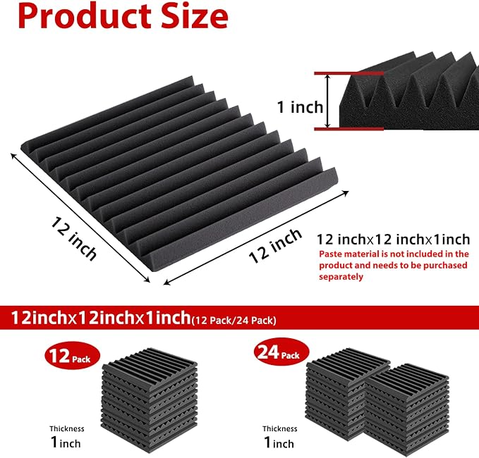 FONESO Acoustic Foam Panels, Sound Proof Foam Panels for Walls, High Desnsity Studio Soundproofing Wedges - Fire Resistant & Noise Absorbing for Studio, Office, Home (Black, 1"x12"x12" 12Pack)