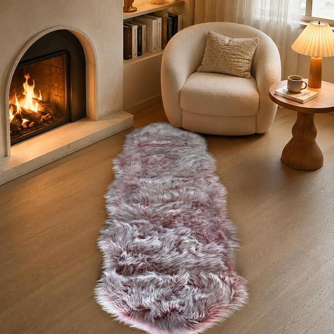EasyJoy Faux Sheepskin Rug, Fluffy Faux Fur Rug, Ultra Soft Shag Area Rug with Non-Slip Backing for Bedroom, Living Room, Nursery, Kids Room(2 x 6 ft Sheepskin, Frosted Bottom Pink)