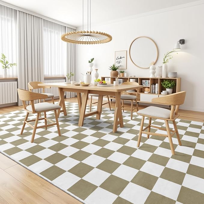 Terrug Beige and White Checkered Rug for Living Room,8x10 Area Rugs Washable with Non Slip for Bedroom,Soft Low Pile Stain Resistance Retro Carpet for Dorm Kids Room
