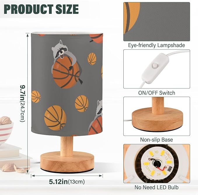 Table Lamp Raccoon Basketball Pattern On Grey Nightstand Lamp with Wood Base Fabric Lamp Shade Bedside Desk Lamp for Living Room Bedroom Kids Room Office