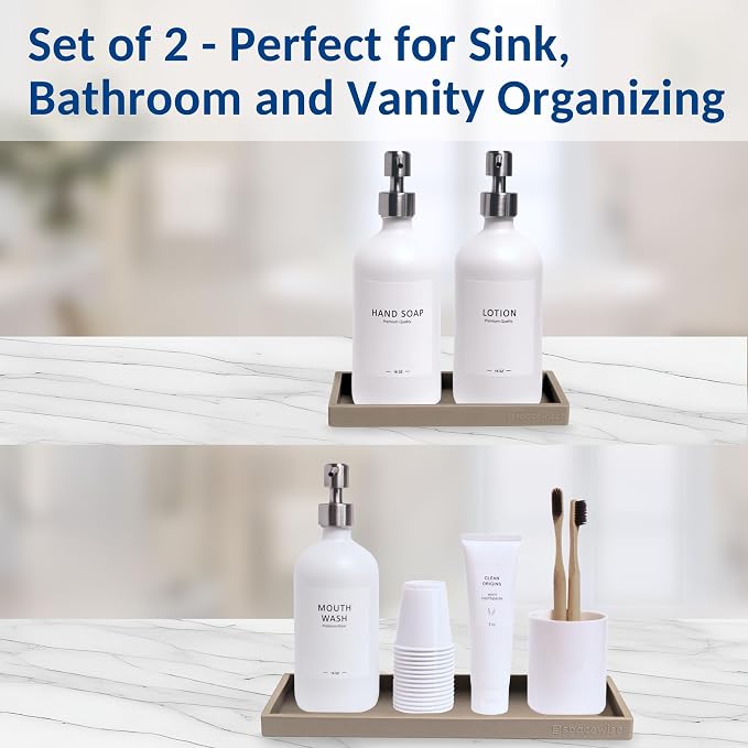 Countertop & Vanity Silicone Tray – 2 PC (11.7" & 7.7") Set | Bathroom Tray & Kitchen Soap Tray Set, Bathroom Counter Tray, Kitchen Sink Dish Soap Tray for Countertop Organization