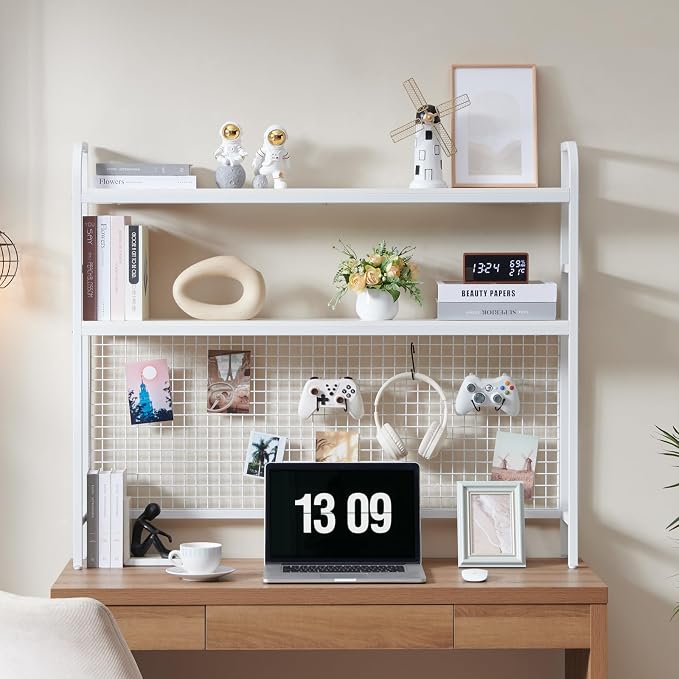 Desk Shelf, 45.3” Desktop Organizer Shelf with Grid Panel and Hooks, Desk Hutch for Computer Monitor, 2 Tier Desk Display Rack Wood Desktop Bookshelf Storage for Home Office Dorm