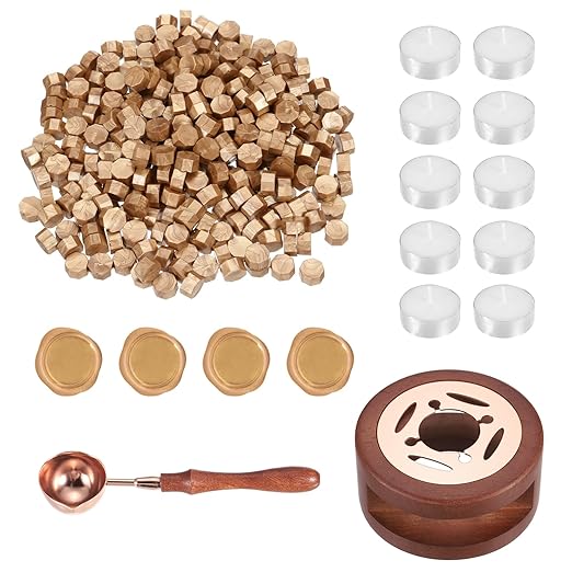 PATIKIL Wax Seal Kit, 300 Pcs Wax Sealing Beads, Wooden Warmer, Melted Spoon, 10 Pcs Tealight Candles for Envelope Letter Mailing Crafts DIY, Light Gold