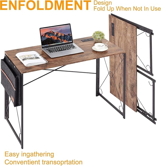VECELO Folding Desk with with USB Charging Port 39 Inch Writing Desk with Storage Bag Sturdy Steel Laptop Table for Home Office Work Retro Brown