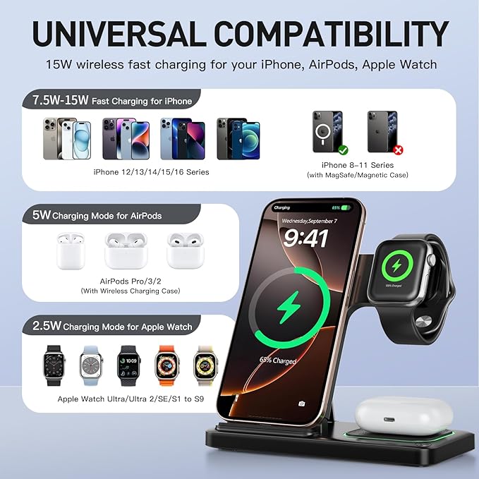 2026 Traveling Portable Wireless Fast Charger for Apple & Android Charging Station 3 in 1 Charging for iPhone17 16 15 14 13 12 11,Apple Watch & Air pods 4 3 2 Pro,Samsung Galaxy-Gifts for Family