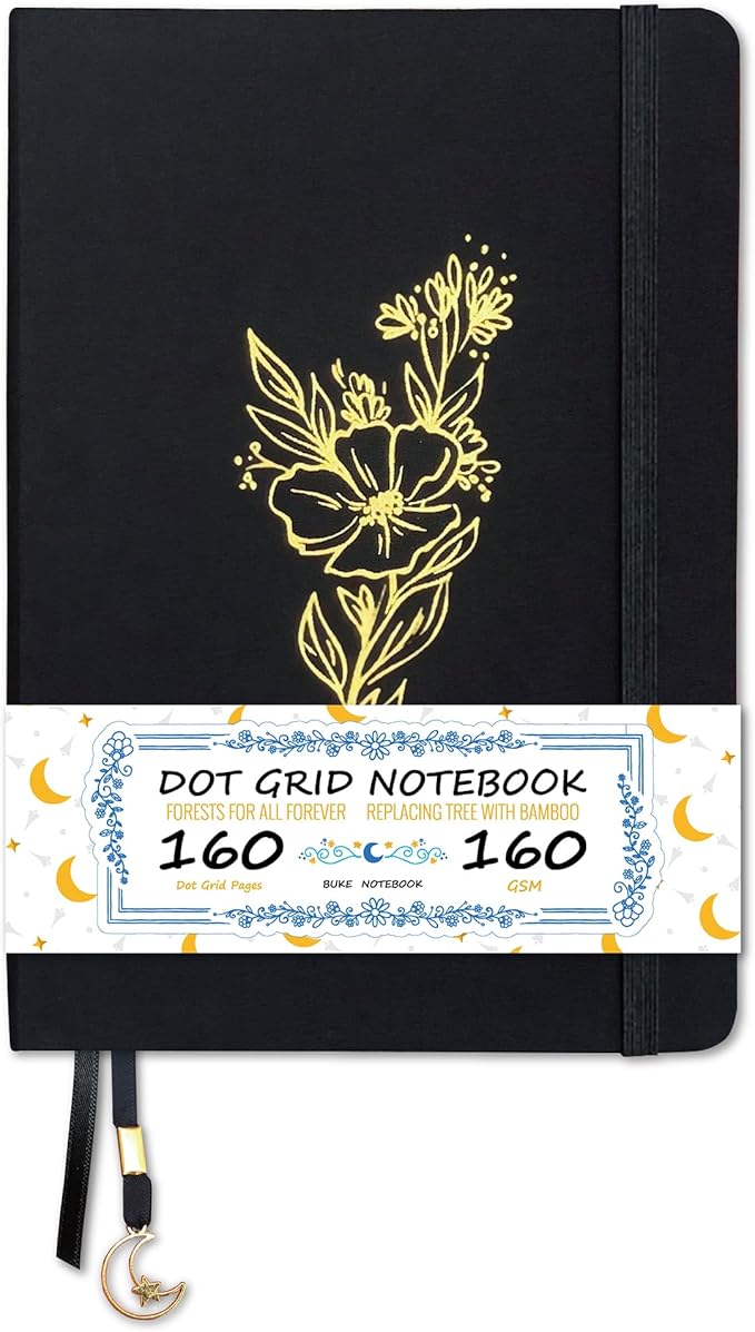 BUKE Dotted Notebook - Cotton Fabric Hardcover - 160gsm Thick Bamboo Paper - A5 Size Dotted Journal - 5x5mm DOT GRID Layout 160 Pages With Gift Box (BKC-2B)