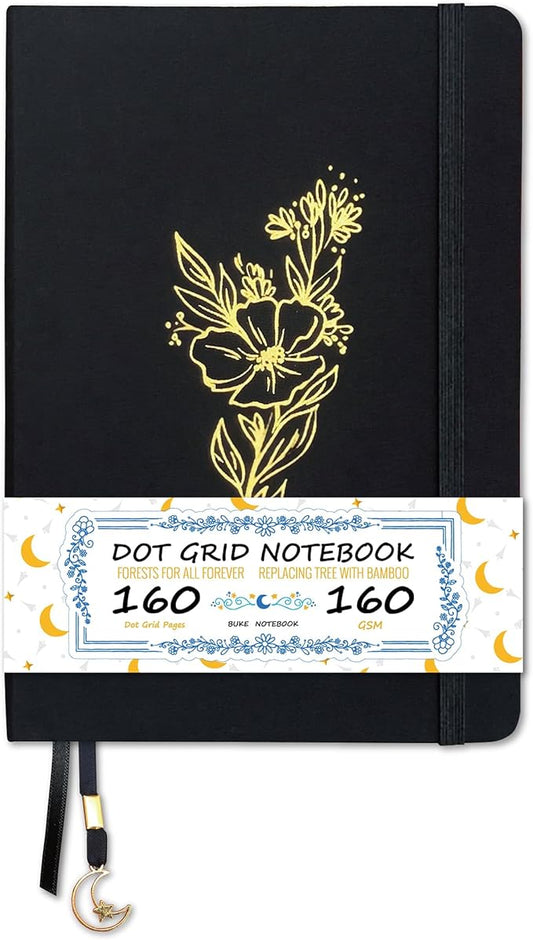 BUKE Dotted Notebook - Cotton Fabric Hardcover - 160gsm Thick Bamboo Paper - A5 Size Dotted Journal - 5x5mm DOT GRID Layout 160 Pages With Gift Box (BKC-2B)
