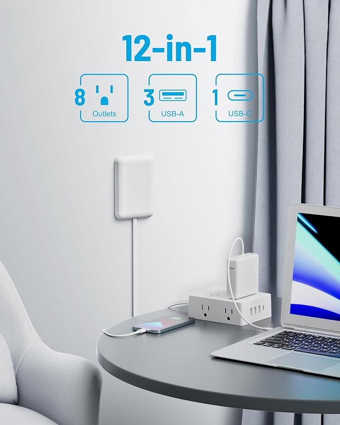 Olcorife Flat Extension Cord with Outlet Cover, Flat Plug Power Strip with 8 Outlets and 4 USB Ports, 3 FT Cord Hidden Outlet Extender for Tight Spaces