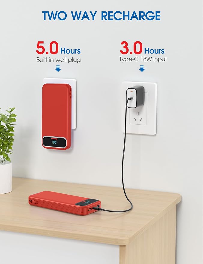Nusyddy Portable Charger 12000mAh 22.5W w/Built-in Cables & Wall Plug Red | 22.5W Fast Charging, LED Display, Pass Through Charging, TSA Approved, Portable & Slim, Power Bank for iPhone, iPad, Samsung