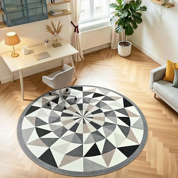 Terrug Grey and Beige Geometric Round Rug 5ft for Dinner Room, Soft Non-Slip Washable Circle Play Mat for Bedroom Playroom, Neutral Tone Area Rugs for Home Office