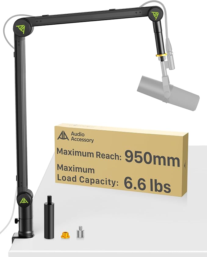 AA AUDIO ACCESSORY Design for Shure SM7B SM7dB MV7 Never-Sag Mic Boom Arm, Extra-Long 950mm Reach, 6.6lbs Load Capacity, Gear-Lock Suspension Microphone Stand Desk Mount for Blue Yeti Rode Heavy Mics