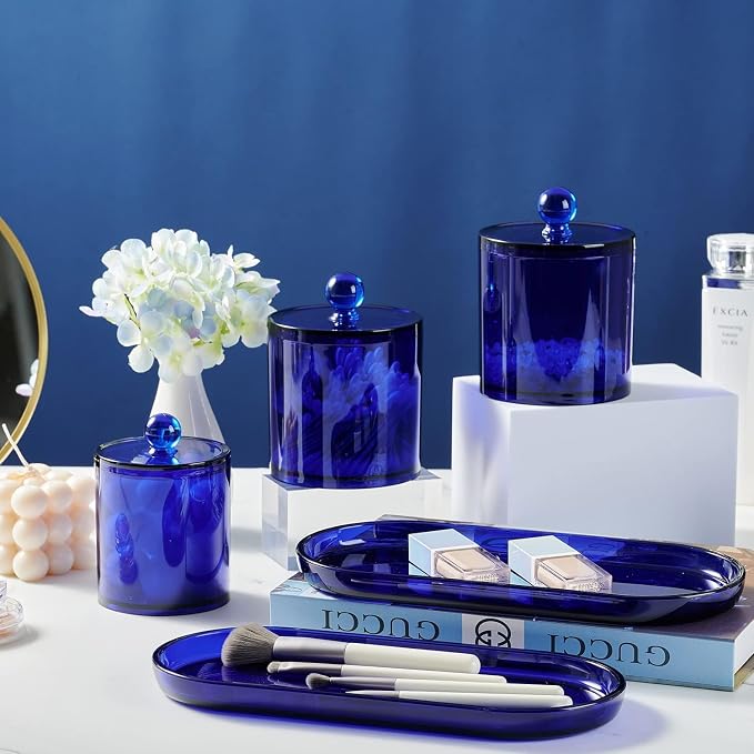 SheeChung Acrylic Vanity Tray, Bathroom Makeup Organizer Countertop, Blue | 9.65" x 4.5", Perfume Jewelry Candle Dispenser Catchall Tray, Sturdy Holder for Cabinet Shelf Closet Drawer Organizer, 2 Pack