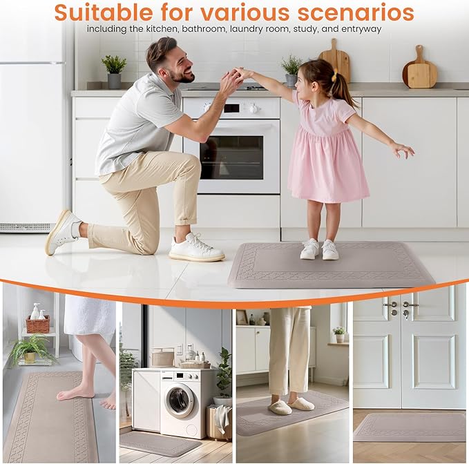4/5 Inch Thicker Kitchen Mats for Floor Non-Slip Anti Fatigue Comfort Mat Waterproof Kitchen Rug for Sink, Office,Home Stain Resistant Standing Desk Rugs-17.3"x 39", Khaki