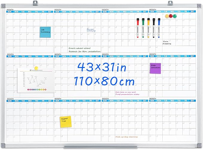 MAKELLO Large Dry Erase Calendar 43" x 31", 12 Months Planning Boards | Wall Mount, Magnetic, Aluminum Frame, Erasable Board, Easy Mount, Yearly Calendar White Board, Family, Kitchen, Classroom