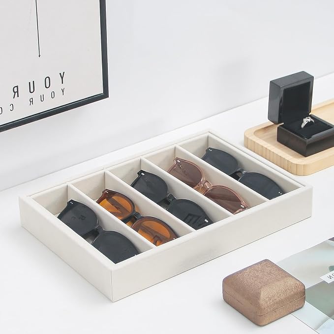 Bedside Organizer - Multi-use Holder for Desk Drawer, Nightstand, Desktop - Catchall Tray for Jewelry, Sunglasses, Phone, Watch, Perfume, Lipstick (Beige 5Grid)